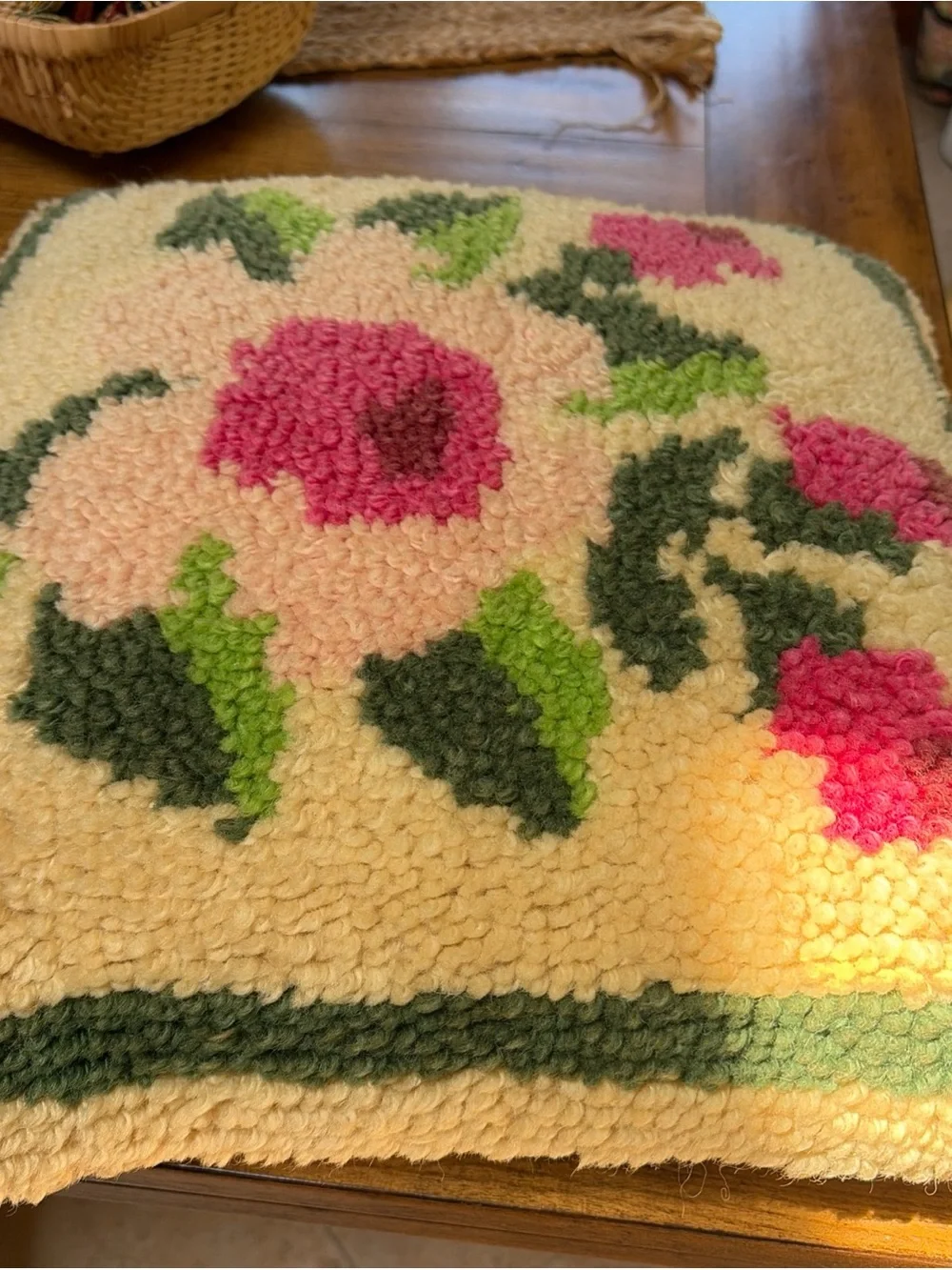 Retro MCM vintage latch hook rug flowers floral throw pillow puff velvet back